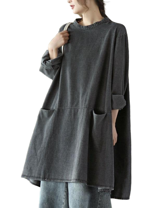 Kvinders Denim Kjole med Lange Ærmer og Lommer 0
