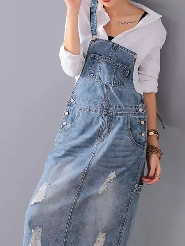 Kvinders Denim Latzkjole Casual 4