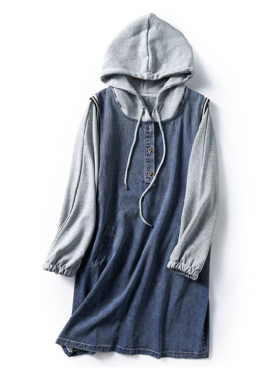 Kvinders Denim Mid Kjole med Hætte og Lommer 3