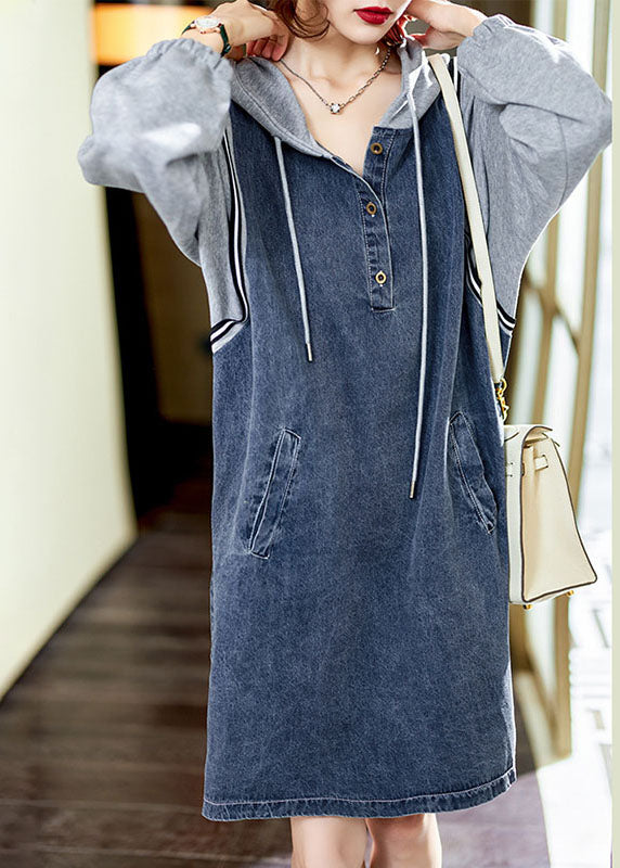 Kvinders Denim Mid Kjole med Hætte og Lommer 4