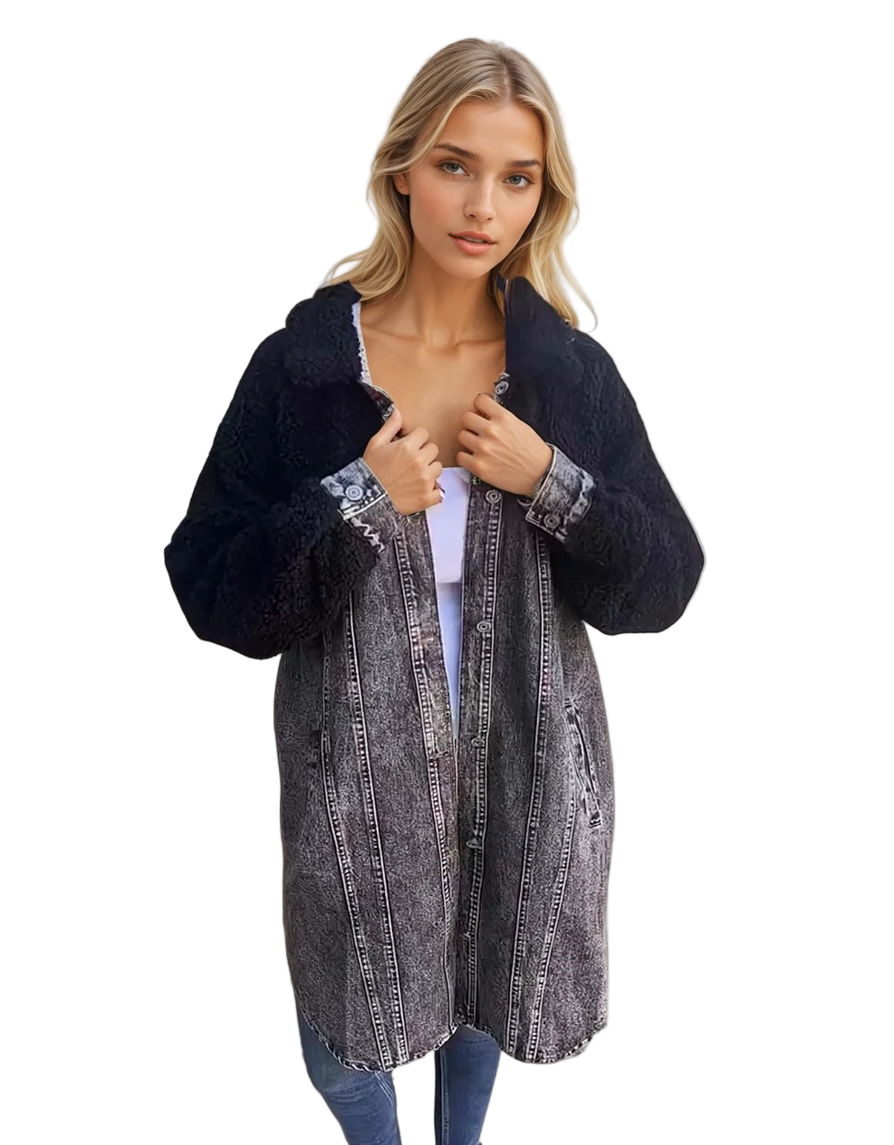 Kvinders Denim Overcoat med Ulddetaljer 0