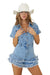 Kvinders Denim Romper Med Knapper Og Frayed Hem 0