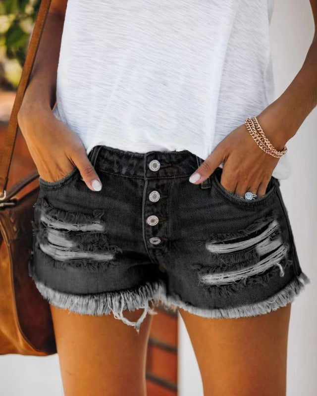 Kvinders Denim Shorts Ripped Fringed Mid Waist Polyester 5