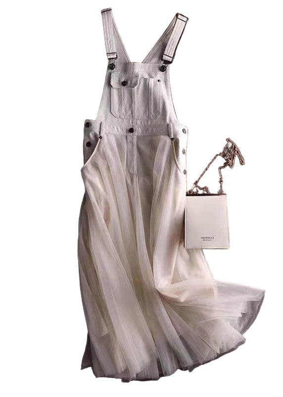 Kvinders Denim Strap Dress med Tulle Patchwork 0