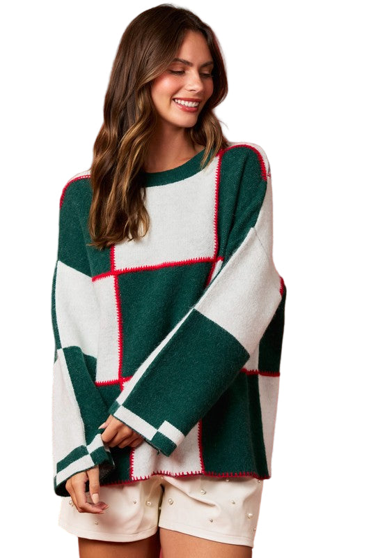 Kvinders Farveblok Sweater Casual Blødt Strik med Blanket Stitch 0