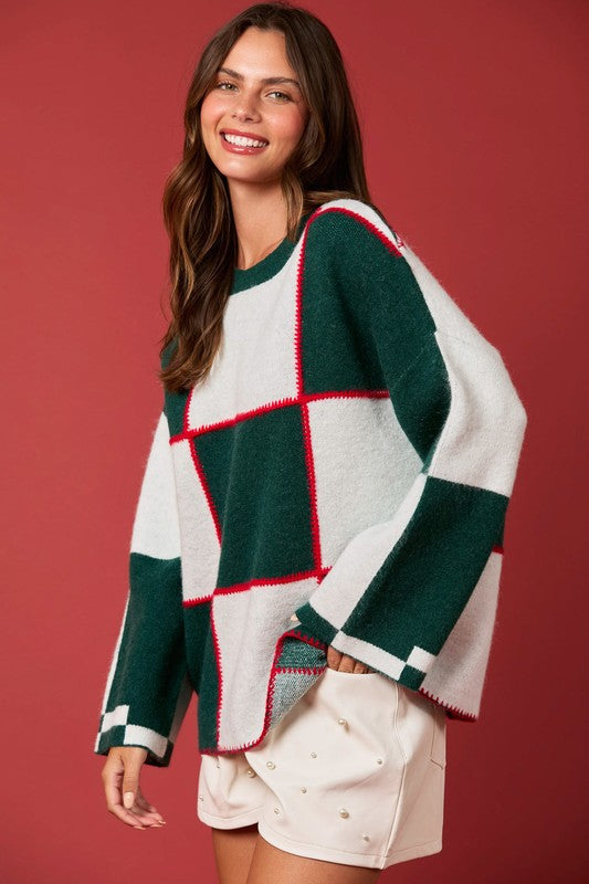 Kvinders Farveblok Sweater Casual Blødt Strik med Blanket Stitch 2