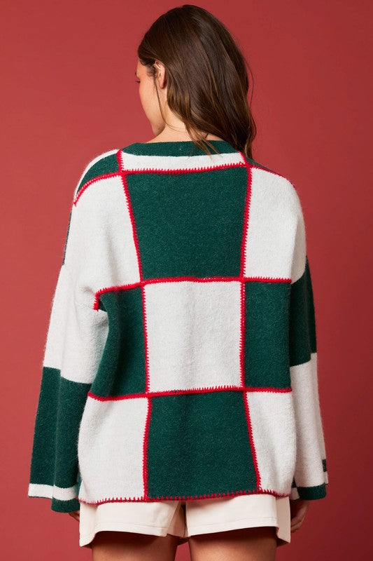 Kvinders Farveblok Sweater Casual Blødt Strik med Blanket Stitch 3