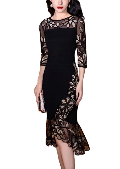 Kvinders Fishtail Kjole med Broderet Tulle 0