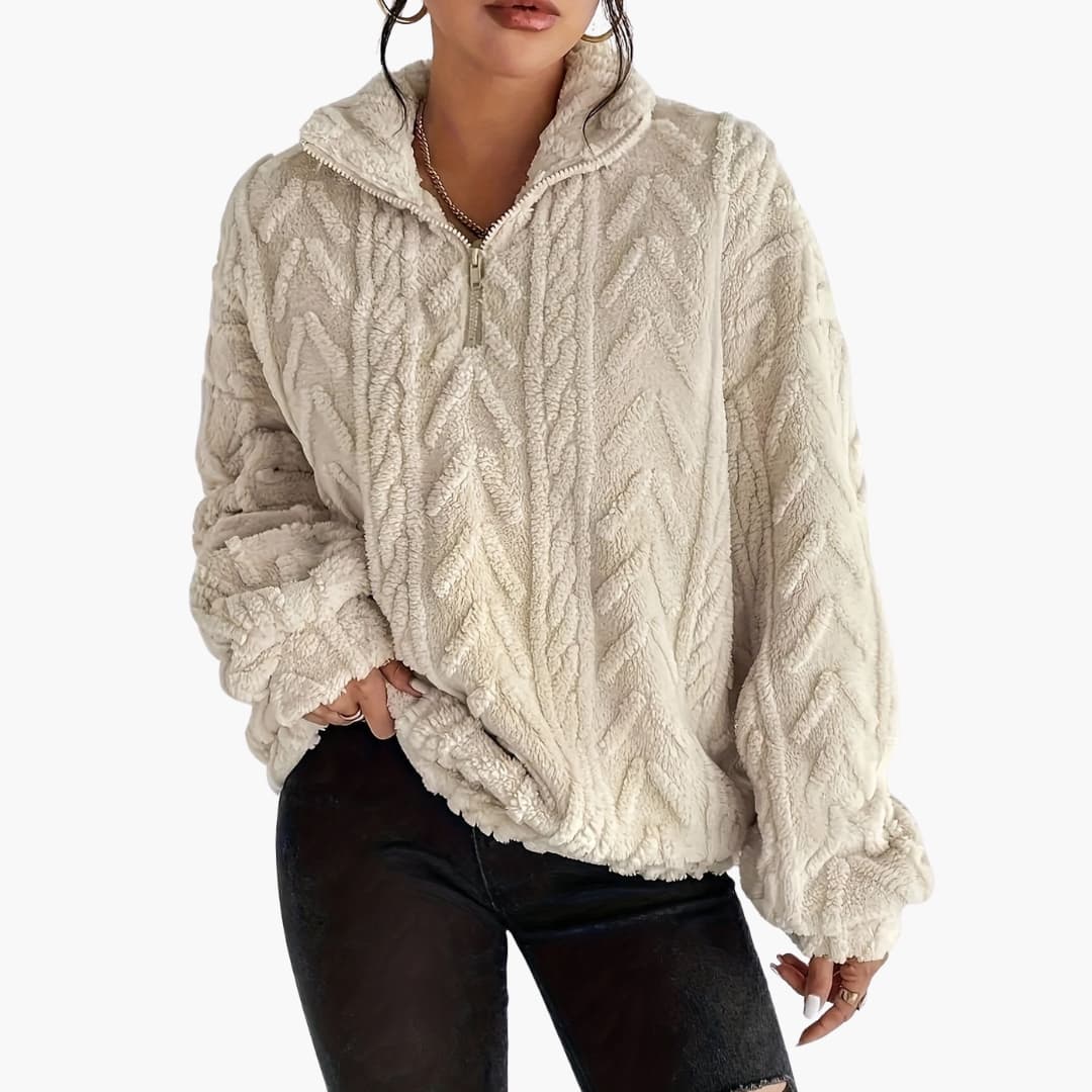 Kvinders Fleece Sweater med Halv Lynlås og Kabelmønster 1
