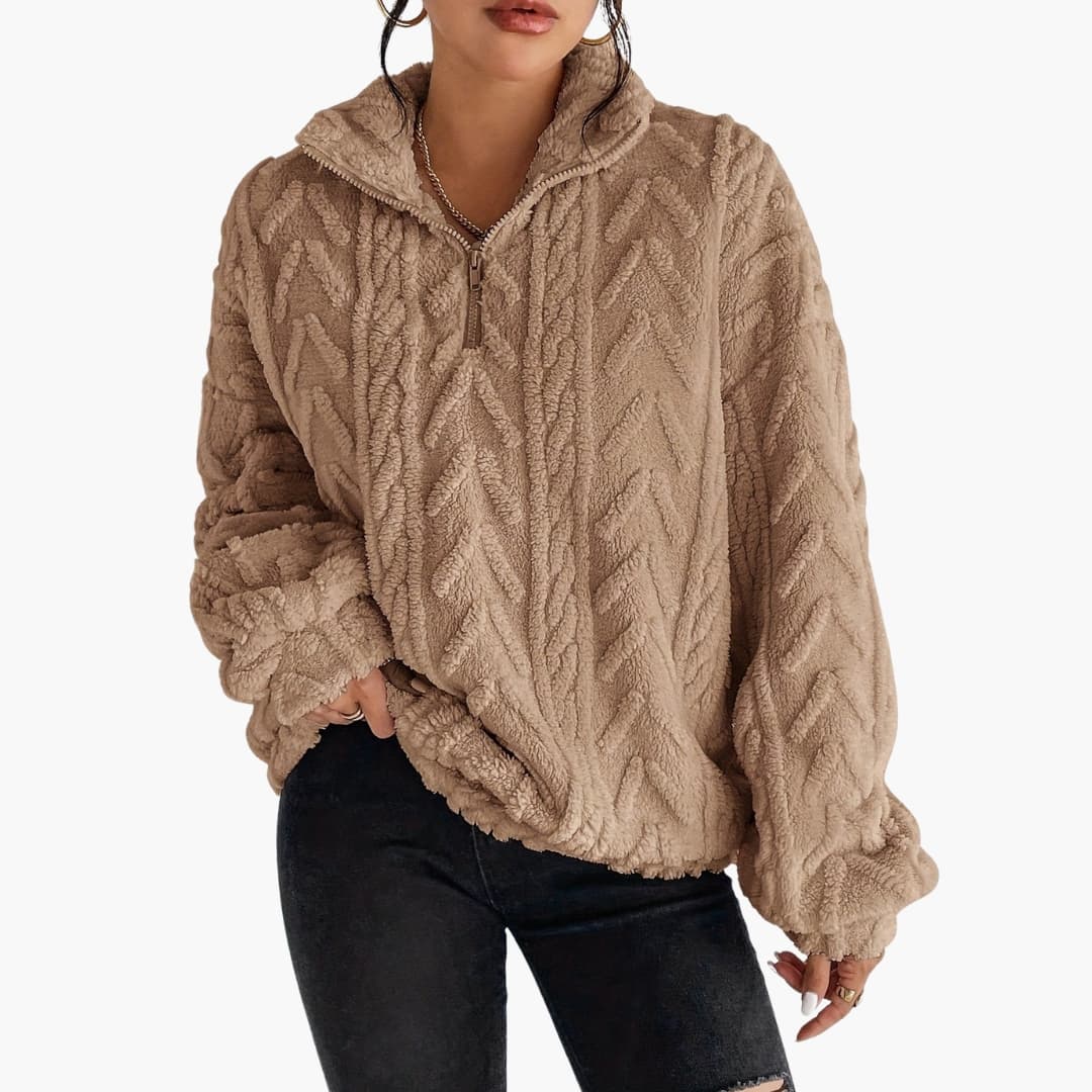 Kvinders Fleece Sweater med Halv Lynlås og Kabelmønster 2