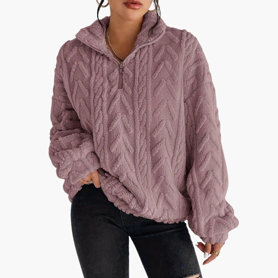 Kvinders Fleece Sweater med Halv Lynlås og Kabelmønster 3