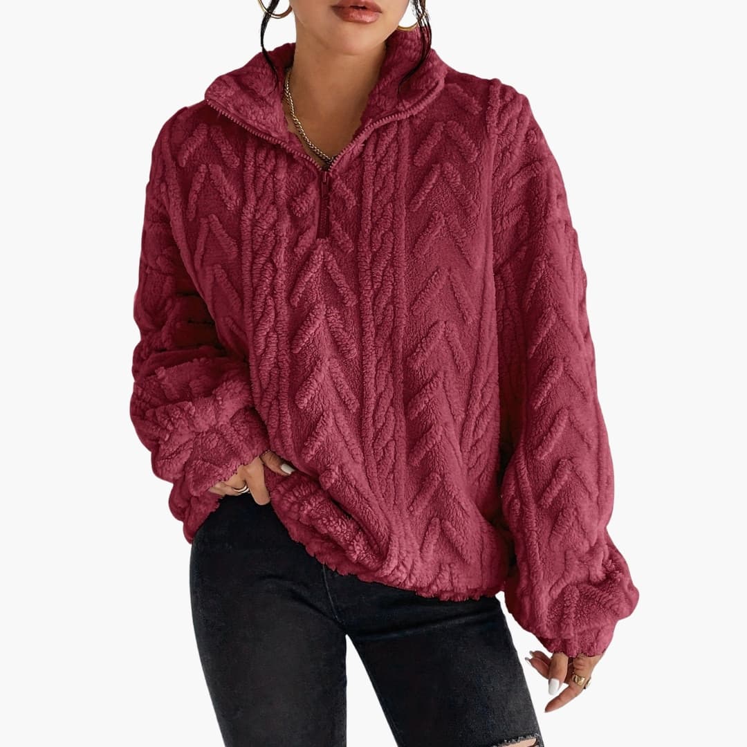 Kvinders Fleece Sweater med Halv Lynlås og Kabelmønster 4