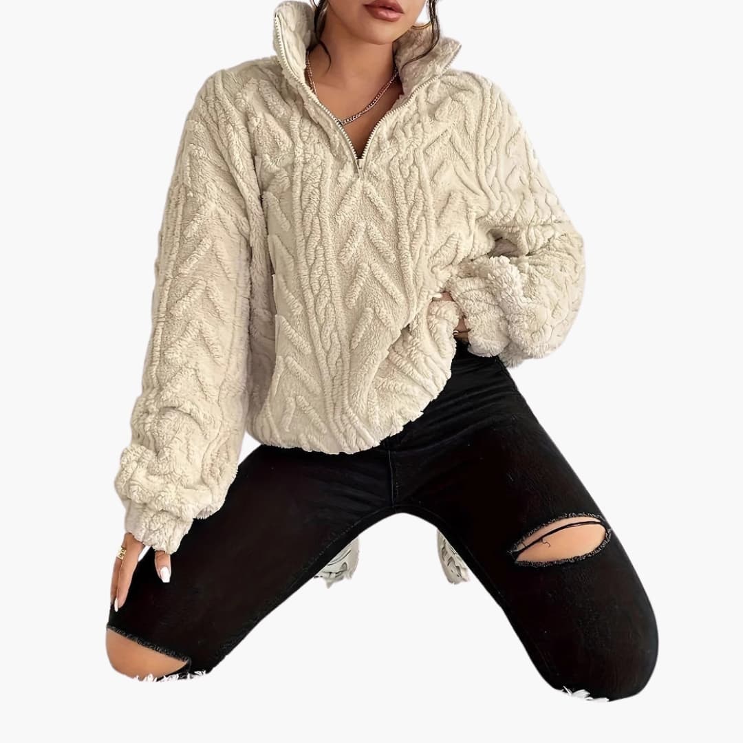 Kvinders Fleece Sweater med Halv Lynlås og Kabelmønster 5