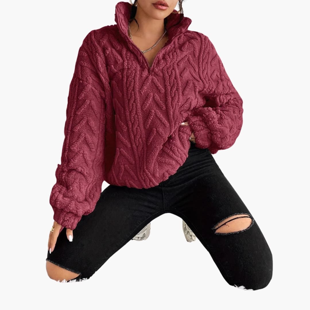 Kvinders Fleece Sweater med Halv Lynlås og Kabelmønster 8