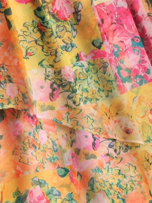 Kvinders Floral Sling Kjole Farveblok Med Snøre 1