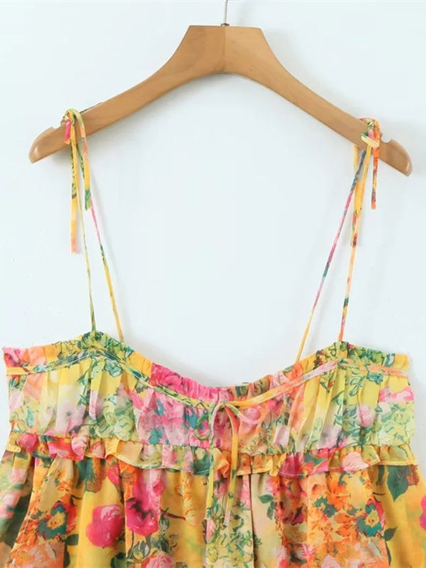 Kvinders Floral Sling Kjole Farveblok Med Snøre 3