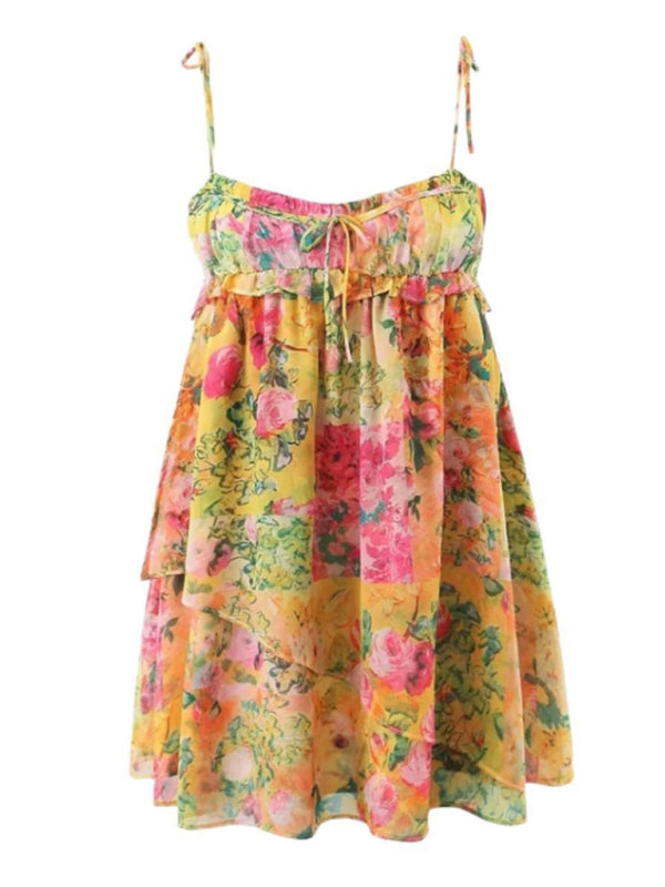 Kvinders Floral Sling Kjole Farveblok Med Snøre 4