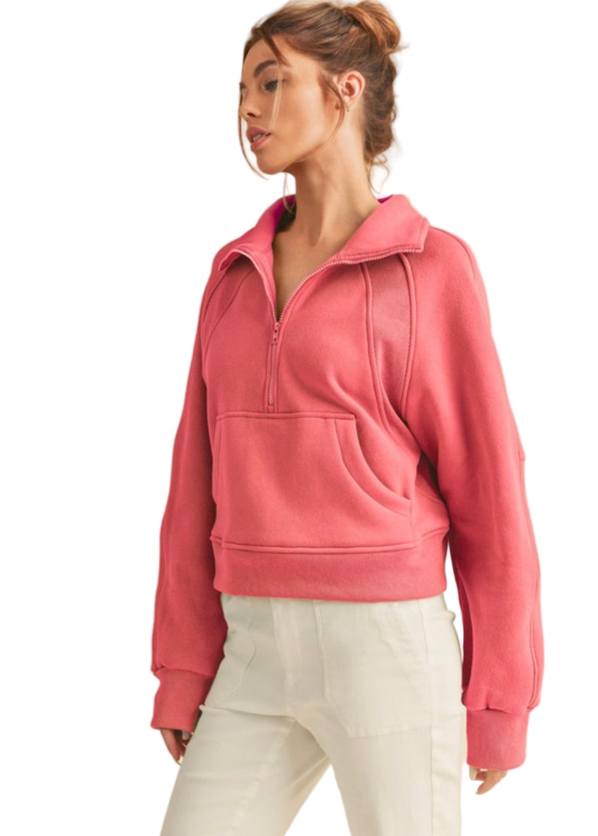 Kvinders Half Zip Top Funnel Neck Let Stof 0