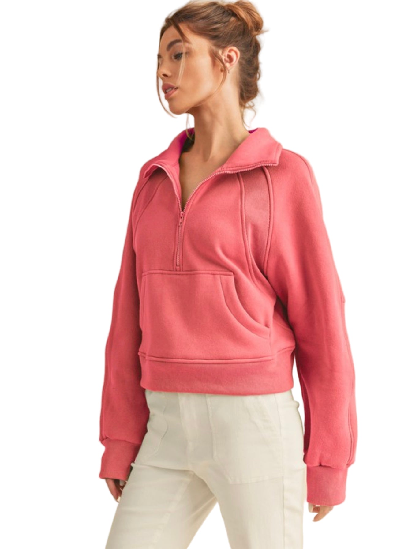 Kvinders Half Zip Top Funnel Neck Let Stof 0