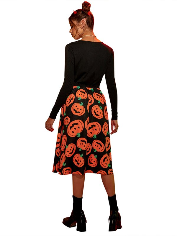 Kvinders Halloween Kostume Midi Kjole Græskartryk Blødt Stof 1