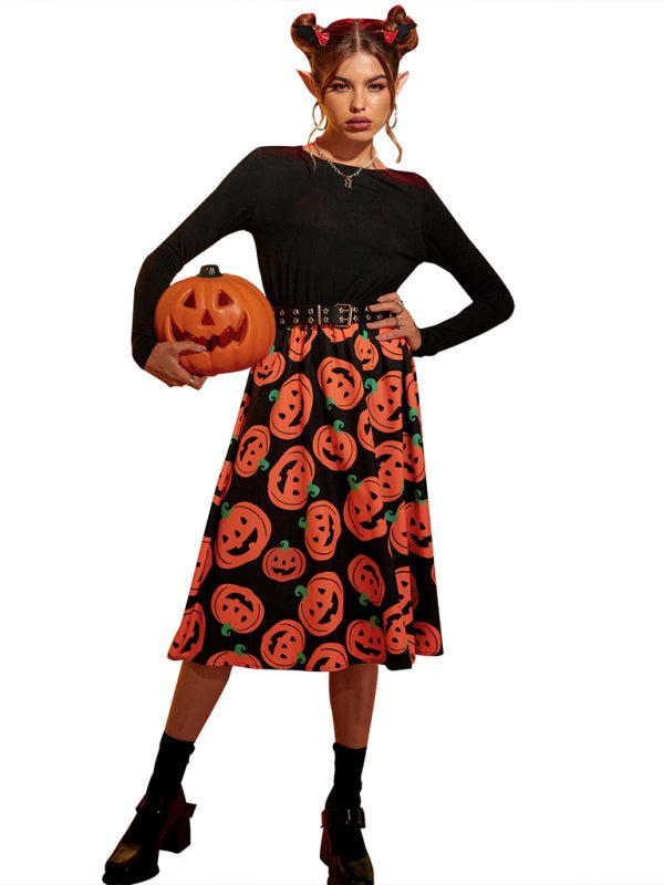 Kvinders Halloween Kostume Midi Kjole Græskartryk Blødt Stof 3