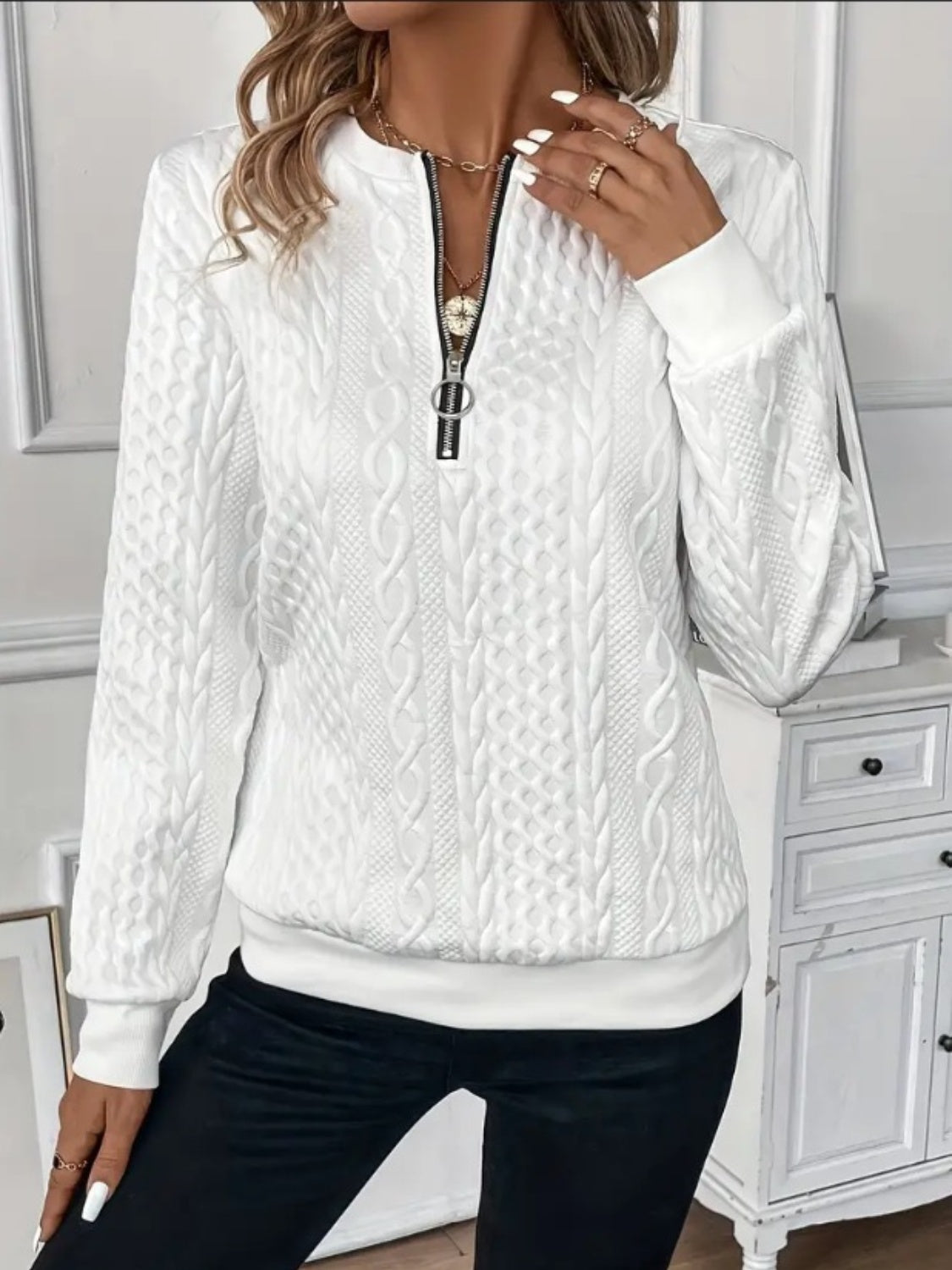 Kvinders Halv Zip Langærmet Sweatshirt Tekstur Polyester 2