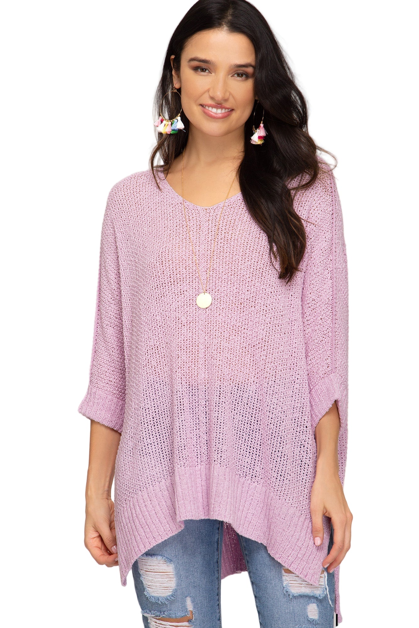 Kvinders Hi-Lo Sweater Top med 3/4 Ærmer i Lilla Pink 0