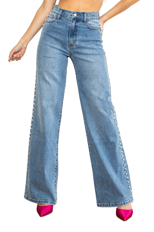 Kvinders Høj Talje Bred Ben Jeans Perle Studs Medium Stone 0