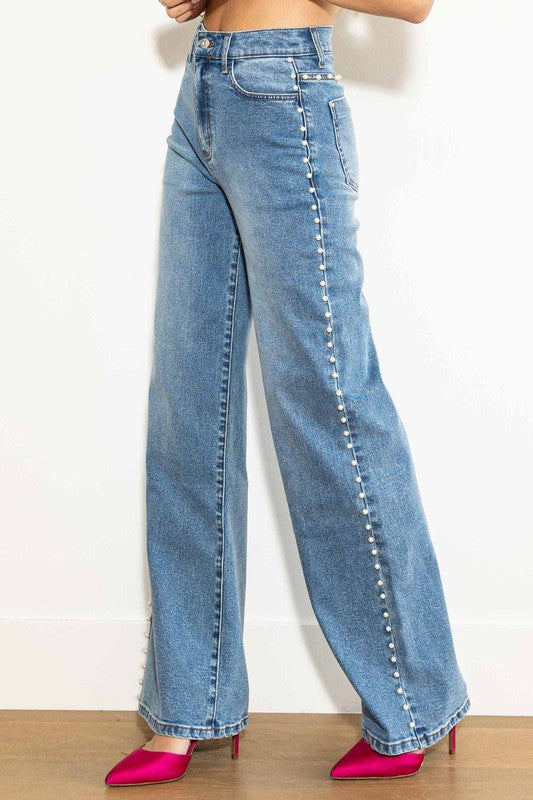 Kvinders Høj Talje Bred Ben Jeans Perle Studs Medium Stone 1