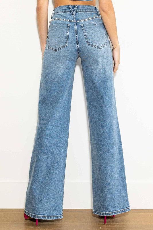 Kvinders Høj Talje Bred Ben Jeans Perle Studs Medium Stone 2