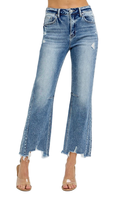 Kvinders Høj Talje Crop Straight Jeans med Distressed Kant 0