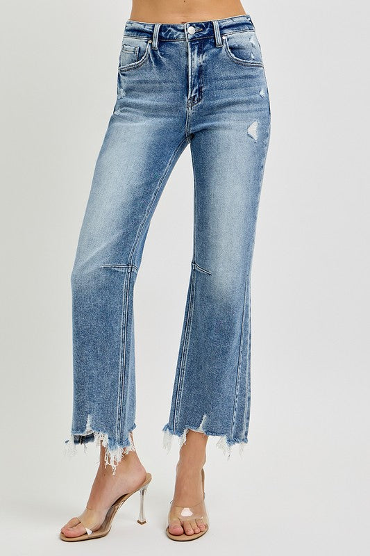 Kvinders Høj Talje Crop Straight Jeans med Distressed Kant 1