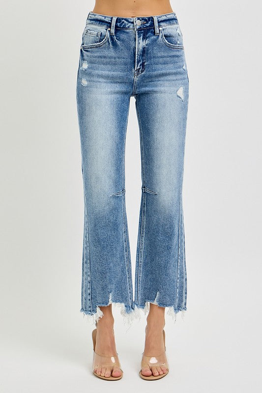 Kvinders Høj Talje Crop Straight Jeans med Distressed Kant 2