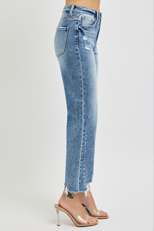 Kvinders Høj Talje Crop Straight Jeans med Distressed Kant 3