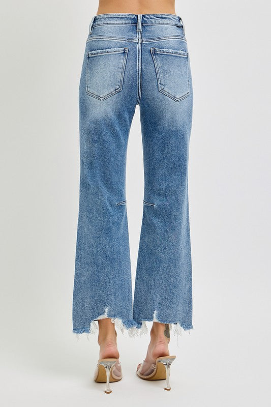 Kvinders Høj Talje Crop Straight Jeans med Distressed Kant 4