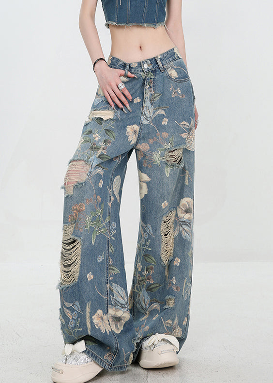 Kvinders Høj Talje Denim Bukser med Unik Print 2