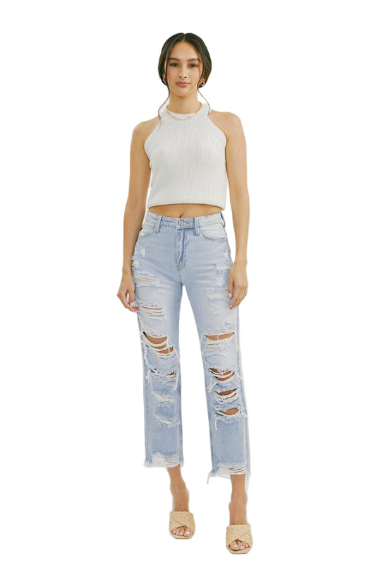 Kvinders Høj Talje Distressed Jeans Lys Denim 0