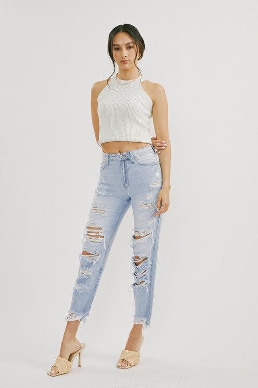 Kvinders Høj Talje Distressed Jeans Lys Denim 1