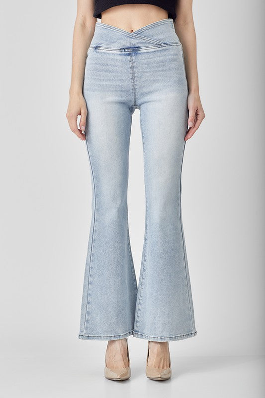 Kvinders Høj Talje Pull On Flair Jeans Denim 1