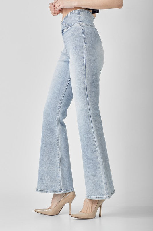 Kvinders Høj Talje Pull On Flair Jeans Denim 2