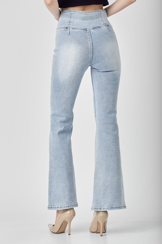 Kvinders Høj Talje Pull On Flair Jeans Denim 3
