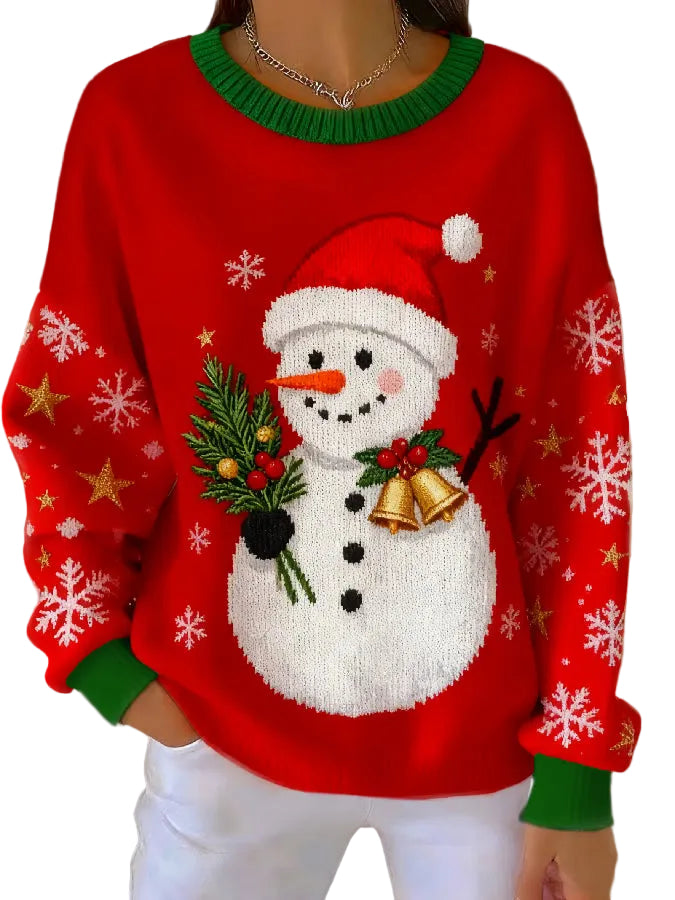 Kvinders Julesweater Med Snemandsprint Casual Stil 0