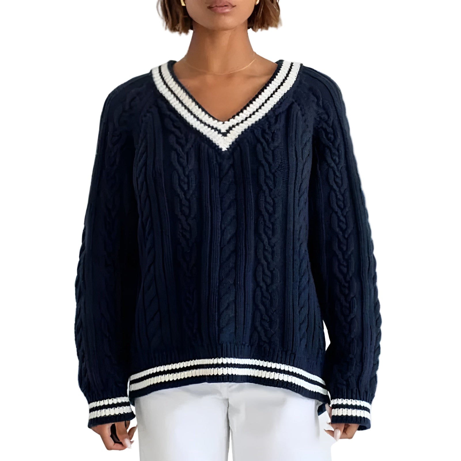 Kvinders Kabelstrikket Sweater med V-Hals i Blød Bomuldsblanding 0