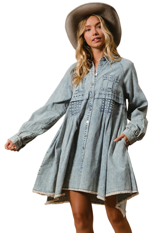 Kvinders Knap-Ned Kjole i Mineralvasket Denim 0