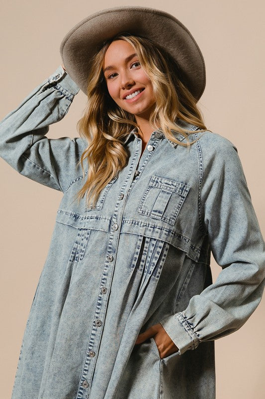 Kvinders Knap-Ned Kjole i Mineralvasket Denim 2