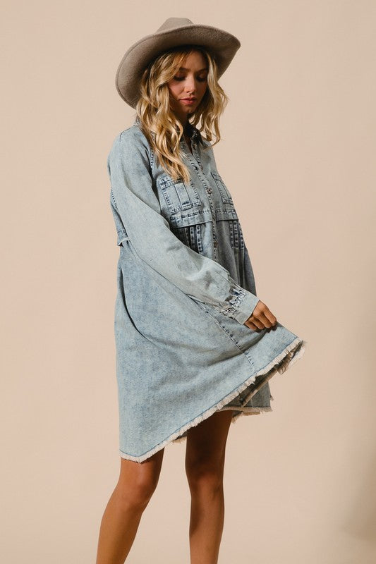 Kvinders Knap-Ned Kjole i Mineralvasket Denim 3