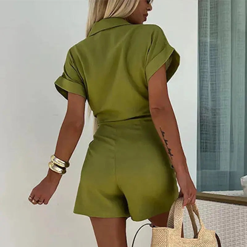 Kvinders Kortærmet Jumpsuit Blødt Materiale Cinchet Talje 2