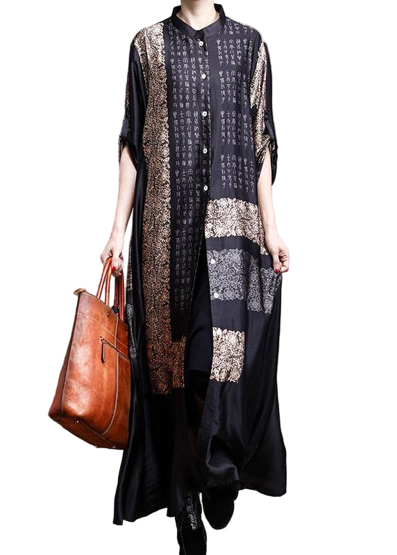 Kvinders Lang Kjole Cardigan i Silke med Print 0