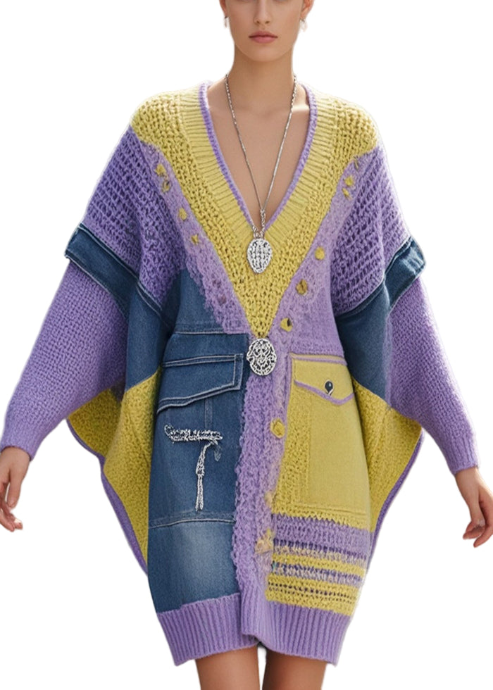 Kvinders Lang Sweater Asymmetrisk Patchwork Denim 0
