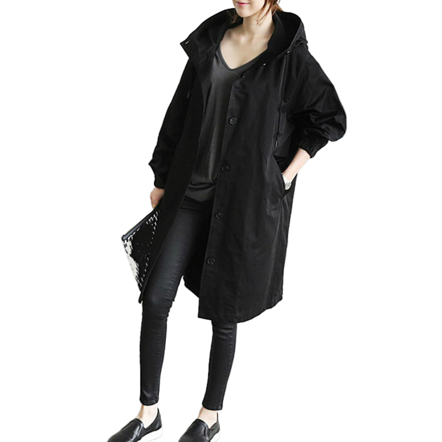 Kvinders Lang Trenchcoat med Hætte 0
